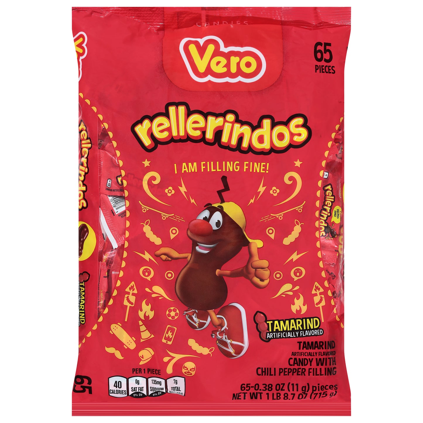 Vero Rellerindos Tamarind Candy with Chili Pepper Filling 65 - 0.38 oz Pieces
