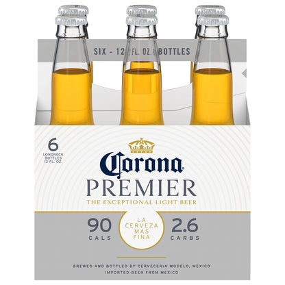 Cerveza Corona Premier Mexican Lager Light, paquete de 6 botellas de 355 ml (12 oz fl), 4.0% de alcohol por volumen.