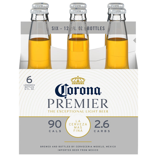 Cerveza Corona Premier Mexican Lager Light, paquete de 6 botellas de 355 ml (12 oz fl), 4.0% de alcohol por volumen.