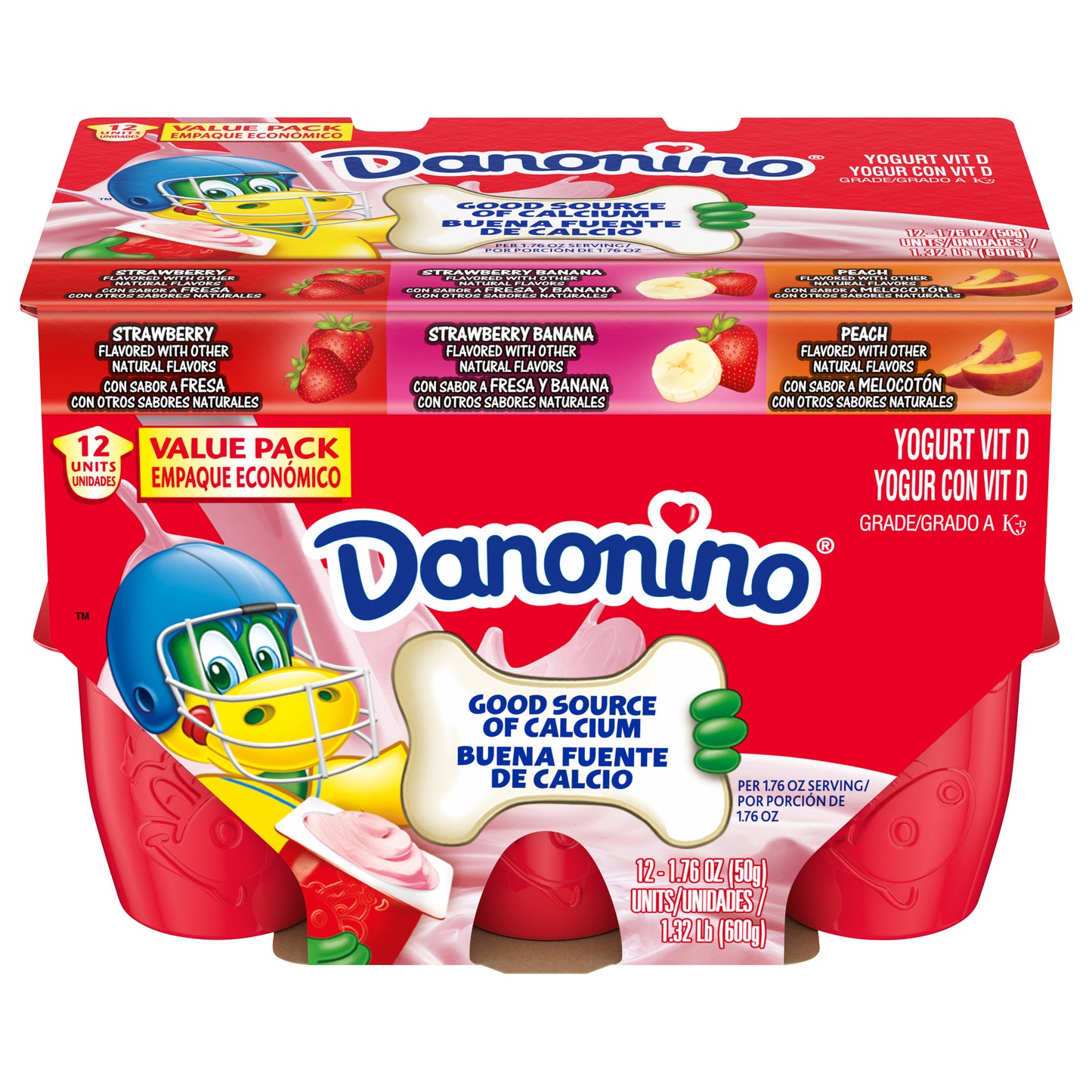Yogur Danonino Surtido, sabor Fresa, Plátano y Melocotón, 12 unidades de 50 g (1,76 oz)